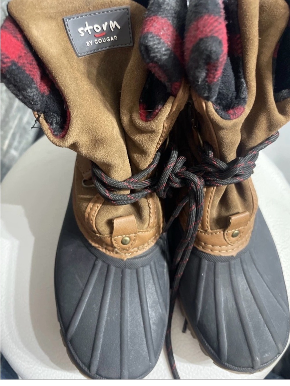 Cougar tan suede boots with black and red plaid lining